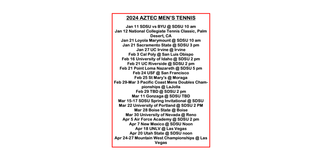 2024 Aztec Men's Tennis Schedule