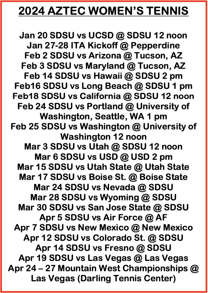 2024 Aztec Women's Tennis Schedule