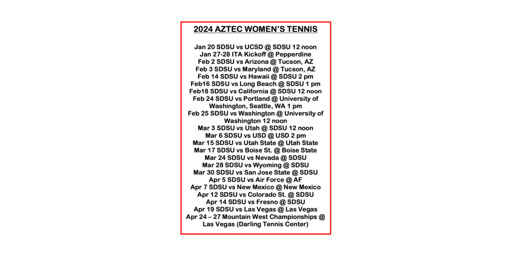 2024 Aztec Women's Tennis Schedule
