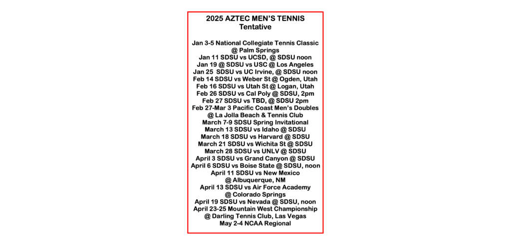 2025 Aztec Men's Tennis Schedule