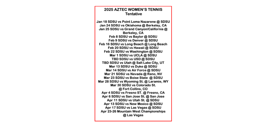 2025 Aztec Women's Tennis Schedule