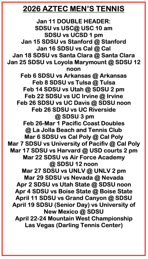 SDSU 2026 Men's Tennis Schedule