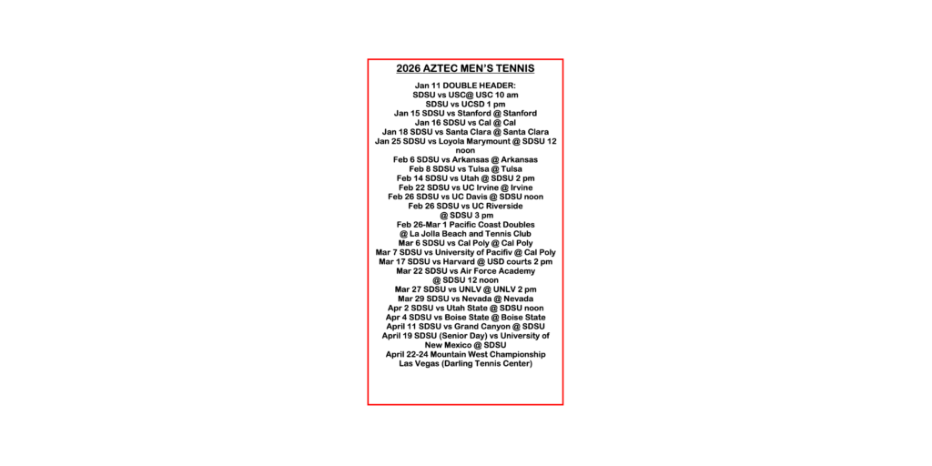 SDSU 2026 Men's Tennis Schedule