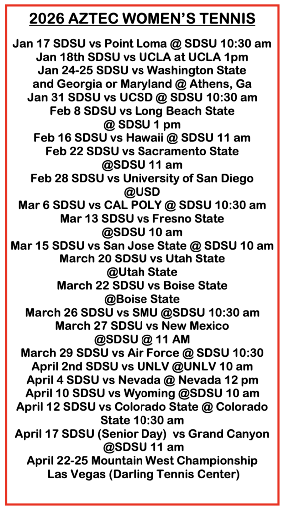 SDSU 2026 Women's Tennis Schedule
